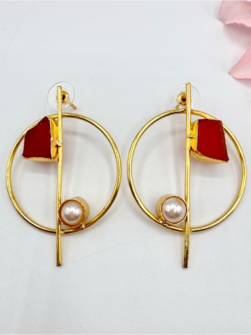 Modernist Geometric Hoop Drop Earrings Carnelian? Faux Pearl Gold Tone India
